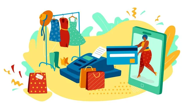 Mulher compras on-line na loja de roupas de moda, cartão de crédito vetor de pagamento ilustração — Vetor de Stock