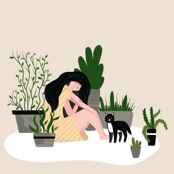 Chica sentada en el suelo con gato y plantas de interior, ilustración vectorial — Archivo Imágenes Vectoriales