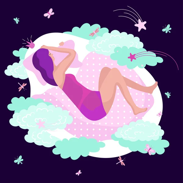 Женщина спит и мечтает, концепция на ночь, векторная иллюстрация — стоковый вектор