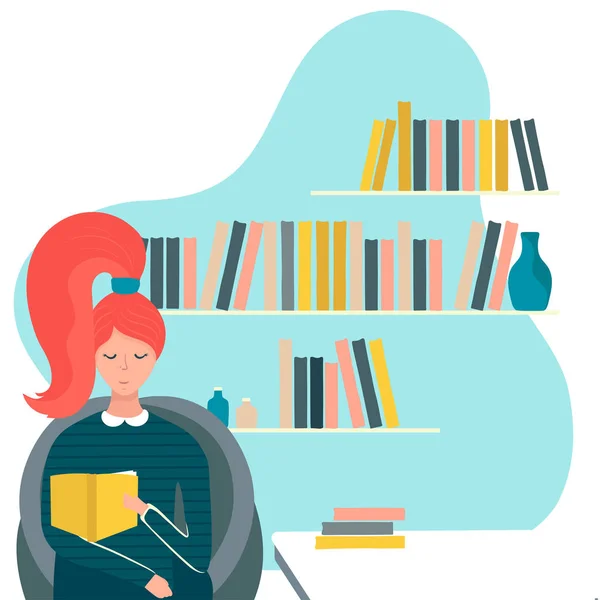 Libro de lectura de mujer en la biblioteca, personaje de dibujos animados chica, ilustración vectorial — Vector de stock