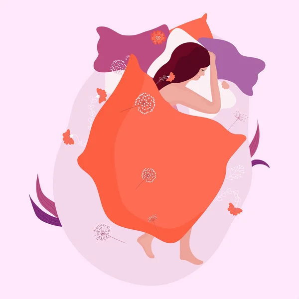 Mulher dormindo na cama aconchegante, conceito de sonho noturno, ilustração vetorial —  Vetores de Stock