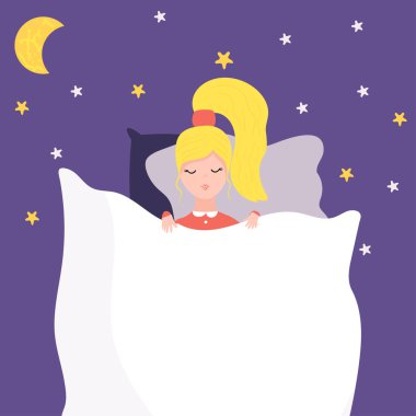 Yatakta uyuyan kadın, gece rüyası, yıldızlar ve ay, vektör çizimi