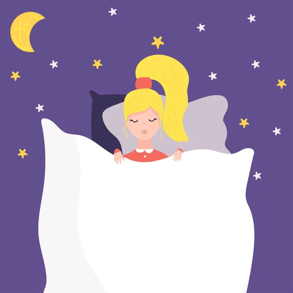 Женщина спит в постели, ночной сон, звезды и луна, векторная иллюстрация — стоковый вектор