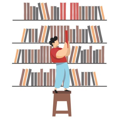 Kütüphanedeki çocuk raftan kitap alıyor, çizgi film karakteri çizimi