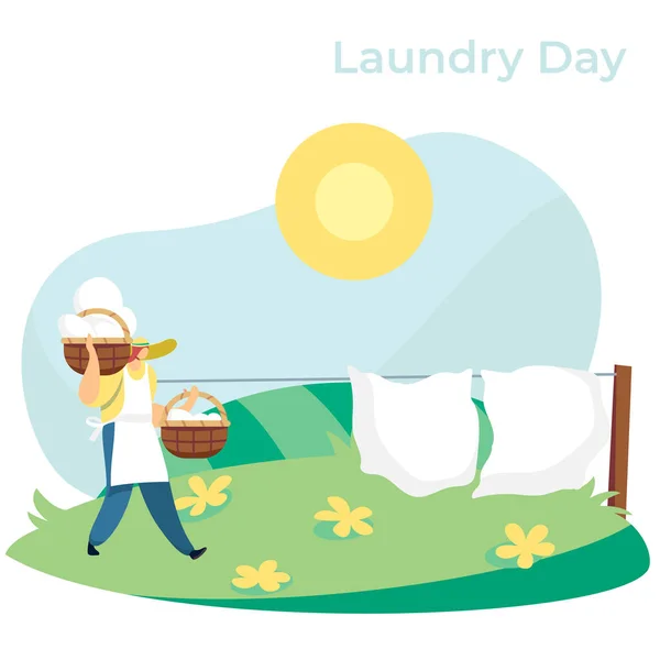 Kvinna som bär korgar med ren tvätt för att hänga lakan utanför, vektor illustration — Stock vektor