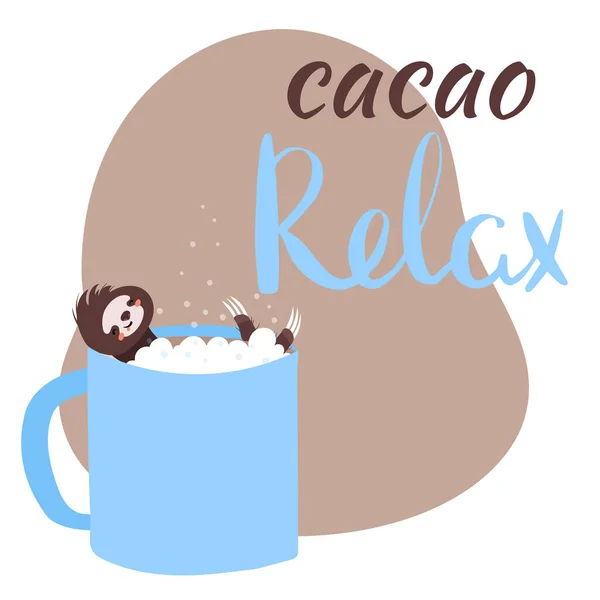 Sloth bathing in cacao mug, relax lettering concept, vector illustration — Stock Vector