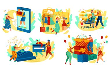 Shopping cartoon people cartoon characters, online sale vector illustration. Shop website discount campaign, people buying gifts and presents special price. Online concept