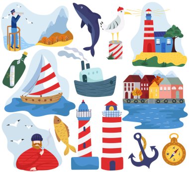 Sea and lighthouse isolated icons vector illustration