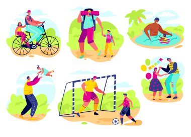 Father playing with kid, flat style vector illustration. Happy dad spending time with daughter. fathers day playing football with son, family time together outdoor, cartoon character