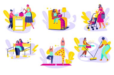 Mother spending time with daughter, hand draw vector illustration. Happy mom cooking, cleaning and reading together with daughter, walking in park and doing yoga. Family mother cartoon character