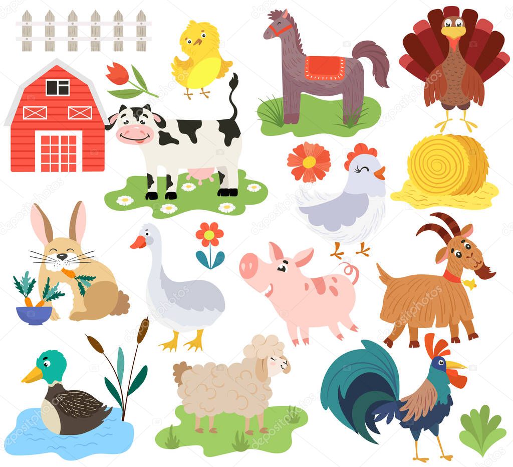 Farm animals cartoon characters, isolated icons vector illustration