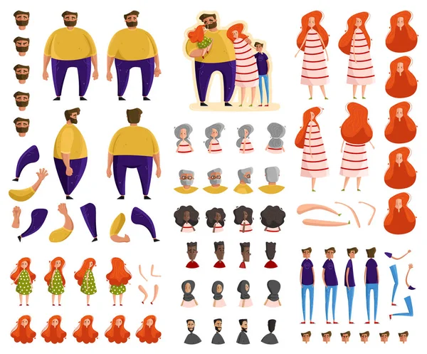 Family cartoon characters constructor set, vector illustration — Stok Vektör