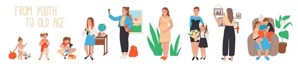 Life cycle of woman, stages of growing up from baby to old, vector illustration — ストックベクタ