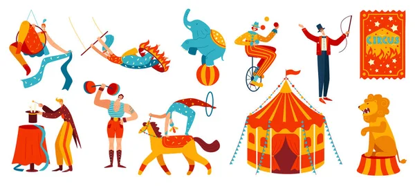 Παράσταση τσίρκου, ακροβάτες και εκπαιδευμένα ζώα, εικονογράφηση φορέα — Διανυσματικό Αρχείο