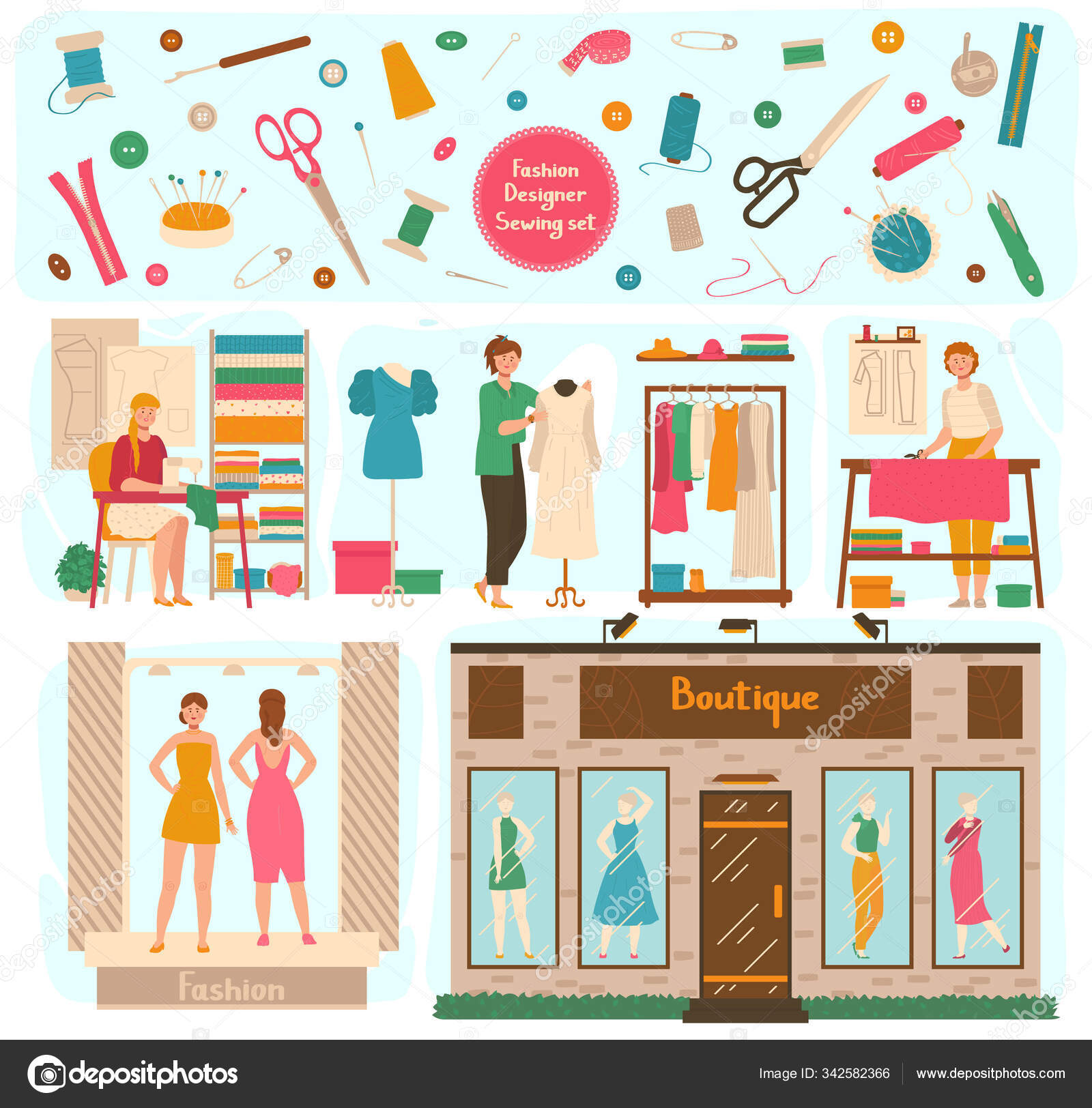 Fashion designer studio, woman making dress for boutique, vector  illustration Stock Vector Image by ©seahorsevector #342582366