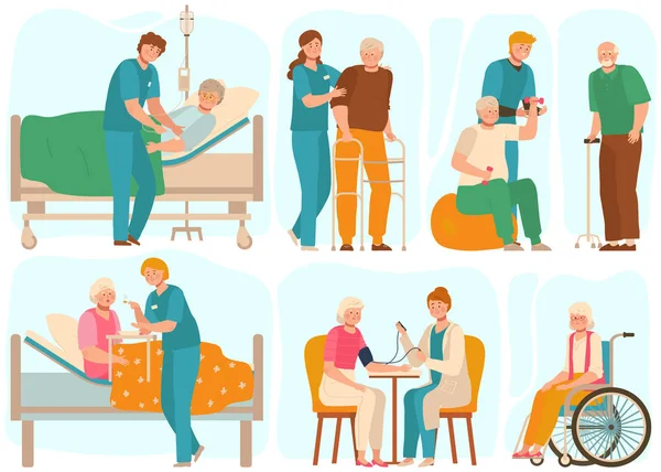 Пожилые люди в доме престарелых, медицинский персонал заботится о пожилых, векторные иллюстрации — стоковый вектор