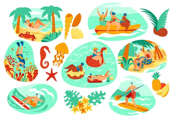 Attività di vacanza estiva in località balneare, persone sulla spiaggia, illustrazione vettoriale — Vettoriale Stock