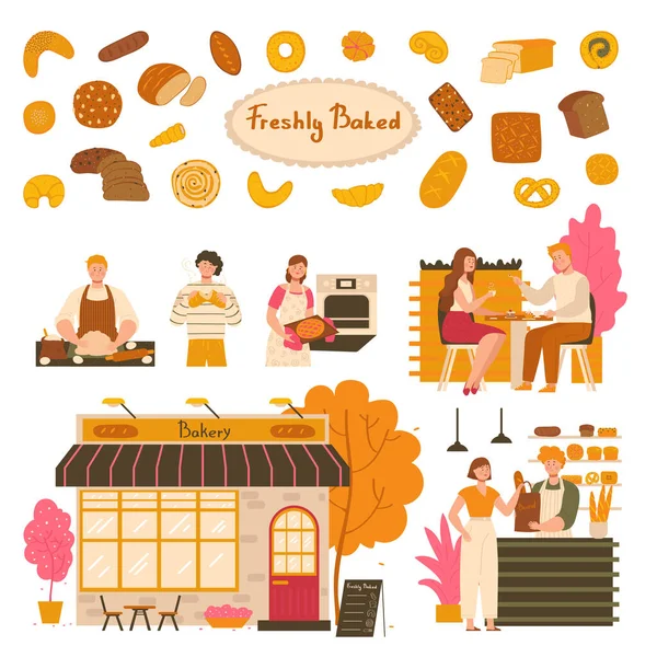 People in bakery, fresh pastry products, vector illustration — Stock Vector