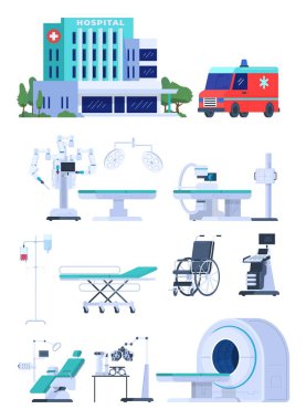 Medical equipment for hospital, isolated on white modern icons vector illustration. Healthcare technology for medical center, equipment for tomography and ultrasound