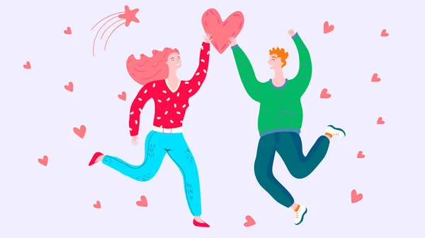 Happy romantic couple jumping, people in love, valentine day vector illustration — ストックベクタ