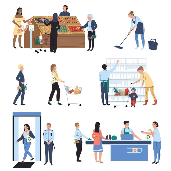 People shopping in supermarket, grocery store vector illustration — ストックベクタ