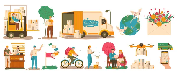 Mail delivery service, courier with parcel and postman with letter, vector illustration — 스톡 벡터