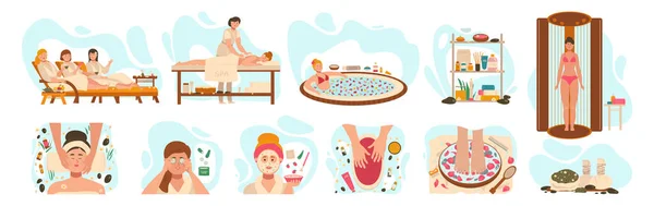 Mulheres no centro de spa, procedimentos de salão de beleza bem-estar, ilustração vetorial —  Vetores de Stock