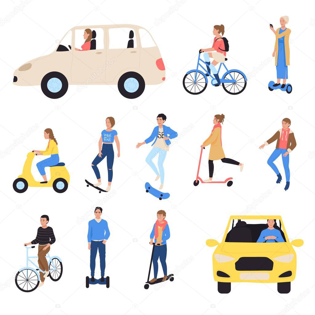 People riding ecological transport, isolated hand draw vector illustration. Cartoon character driving electric car, bicycle, scooter, taxi and skate, skateboard