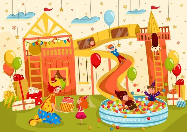 Παιδικό πάρτι γενεθλίων στην παιδική χαρά, αγόρια και κορίτσια που διασκεδάζουν, διανυσματική απεικόνιση — Διανυσματικό Αρχείο
