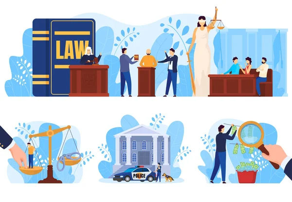 Law and justice concept, people in court, set of vector illustrations — Stock Vector