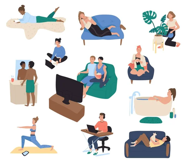 Tempo libero a casa, persone che riposano sul divano dopo il lavoro, illustrazione vettoriale — Vettoriale Stock