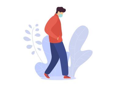 Coronavirus 2019-ncov salgını. Çinli Wuhan denen adam, yüz çizimine koruyucu maske takıyor. Salgın erkek grip salgını maskeli tıbbi karantinada. Maskeli adam.