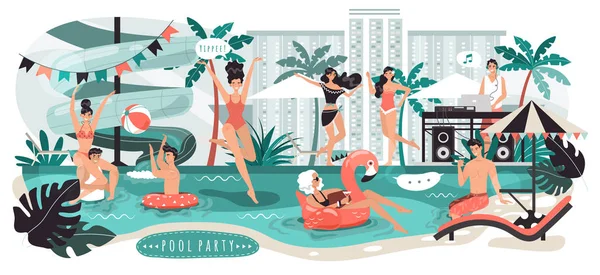 Persone alla festa in piscina in città, giovani uomini e donne che si divertono, illustrazione vettoriale — Vettoriale Stock