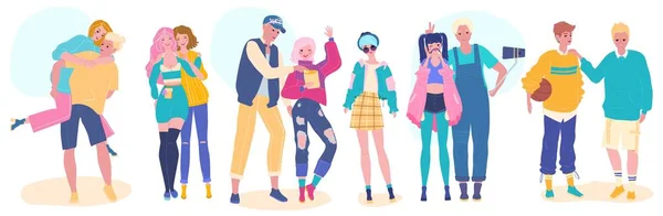 Tini barátok, boldog fiatal tizenévesek divat ruhák, vektor illusztráció — Stock Vector