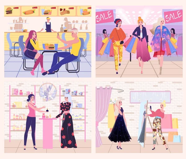 Persone nel centro commerciale, donne nel negozio di vestiti di moda, illustrazione vettoriale — Vettoriale Stock