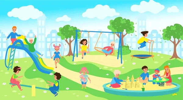 Los niños en el parque infantil en el parque de la ciudad, niños felices jugando al aire libre, ilustración del vector — Archivo Imágenes Vectoriales