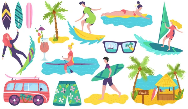 Människor som surfar på sommarsemester, uppsättning klistermärken, vektor illustration — Stock vektor