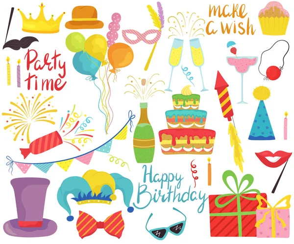 Accessori per feste di compleanno, set di icone isolate per feste, illustrazione vettoriale — Vettoriale Stock