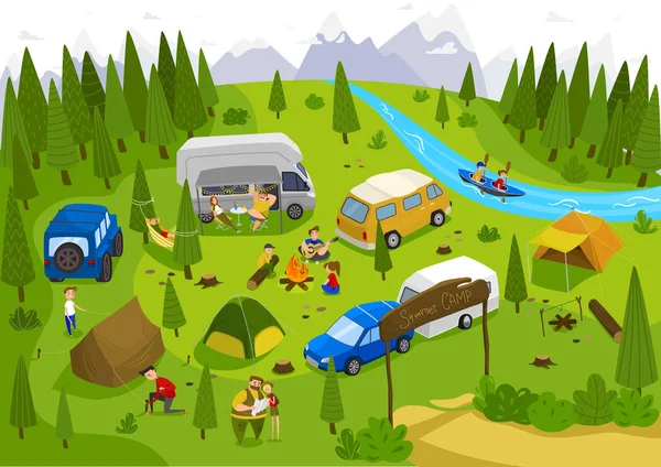 Sommercamping im Freien in der Natur, Menschen im Urlaub, Vektorillustration — Stockvektor