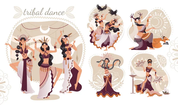 Красивые женщины, исполняющие ритуальный танец, векторная иллюстрация этнических племен — стоковый вектор