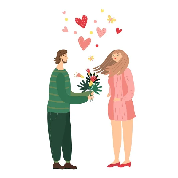Pareja romántica en la primera cita, personas enamoradas, ilustración del vector del día de San Valentín — Archivo Imágenes Vectoriales