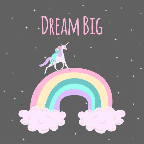 Unicorn walking on rainbow with sleeping girl, dream big, inspirational card, vector illustration