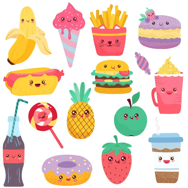 Isolated icons of food, cartoon characters vector illustration — Stock Vector