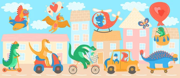 Mignon dinosaures personnages de dessin animé transport, illustration vectorielle — Image vectorielle