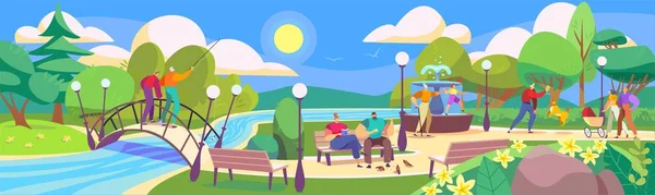 Gente en el parque, ocio con la familia en la naturaleza, dibujos animados personajes vector ilustración — Vector de stock
