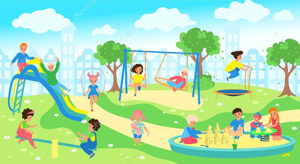 Children at playground in city park, happy kids playing outdoor, vector illustration