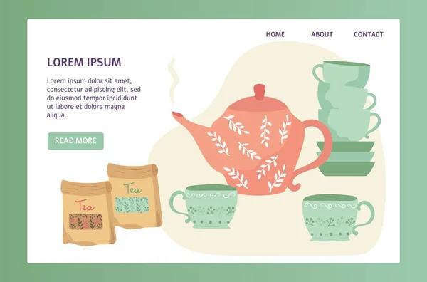 Diseño del sitio web de la tienda de té, tetera dibujada a mano y tazas, ilustración vectorial — Vector de stock