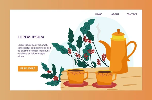 커피숍 웹 사이트 디자인 , cute pot and cup in flat style, vector illustration — 스톡 벡터