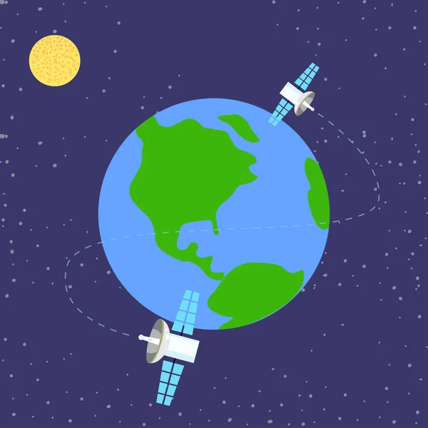 Satellite orbiting around planet Earth, simple vector illustration in flat style