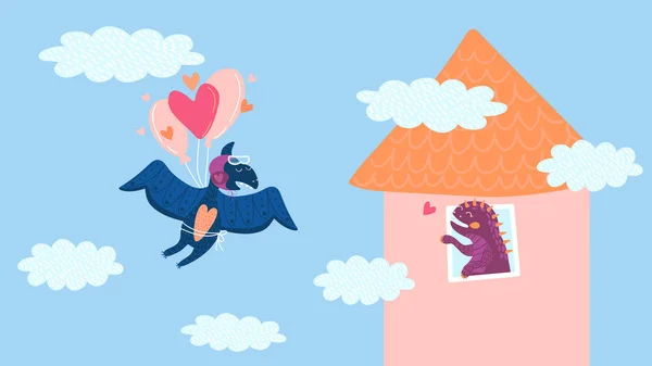 Niedlicher Dinosaurier-Flugsaurier fliegt zu seiner Freundin, Vektor-Illustration — Stockvektor